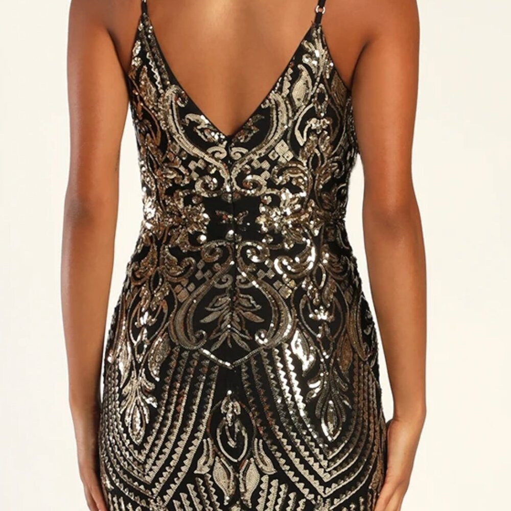 Lulus Truly Alluring Black And Gold Sequin Mermaid Maxi Dress - Size M - Picture 4 of 6